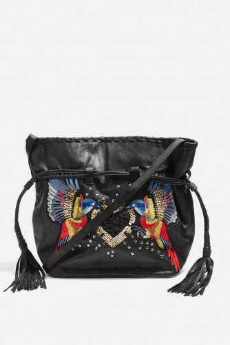 Topshop Leather Bird Embroidered Bucket Bag | black embellished boho bags
