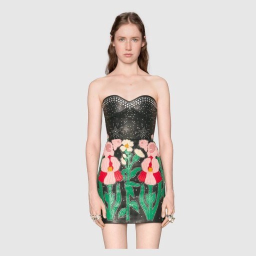 GUCCI Leather flower intarsia strapless dress - flipped
