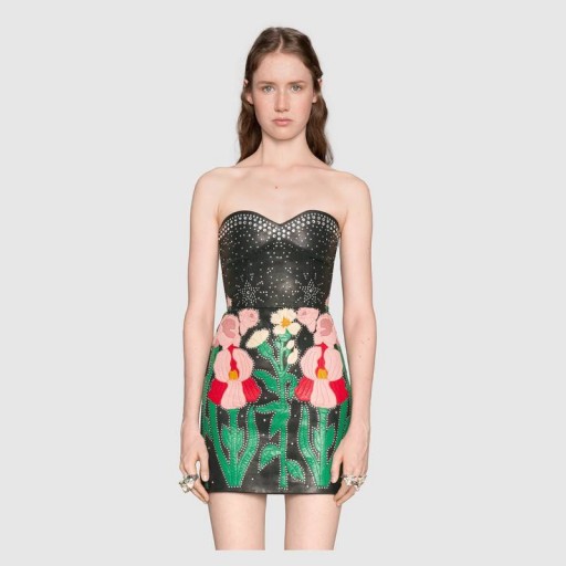 GUCCI Leather flower intarsia strapless dress