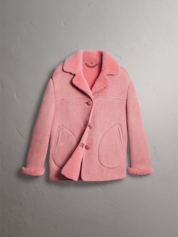 BURBERRY Leather Trim Shearling Oversized Jacket Copper Pink ~ luxe jackets
