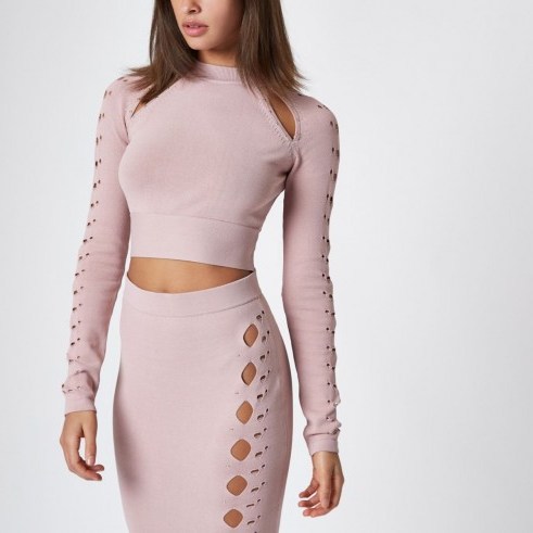 River Island Light pink cut out cropped long sleeve top – fitted stretch-knit crop tops - flipped