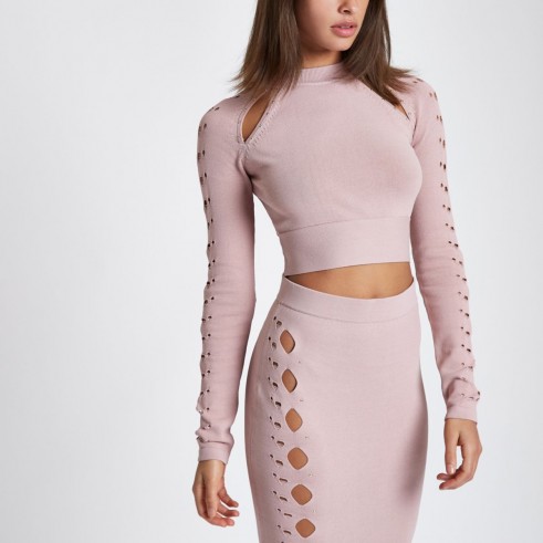 River Island Light pink cut out cropped long sleeve top – fitted stretch-knit crop tops
