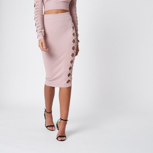 River Island Light pink cut out studded pencil skirt – stretch-knit skirts - flipped