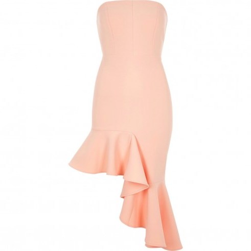 River Island Light pink frill hem bandeau bodycon dress – strapless dresses – ruffled asymmetric hemlines - flipped
