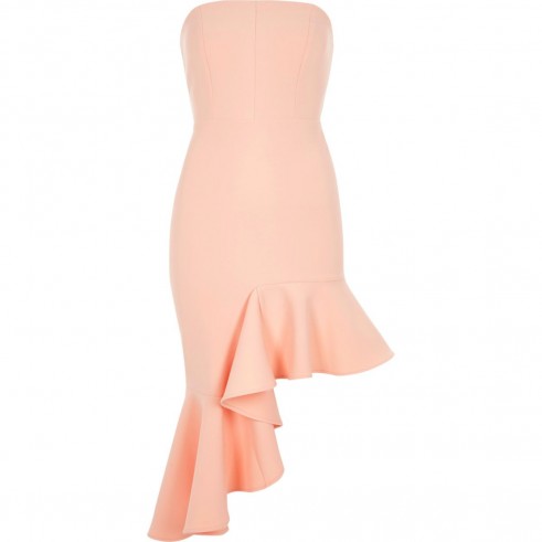 River Island Light pink frill hem bandeau bodycon dress – strapless dresses – ruffled asymmetric hemlines