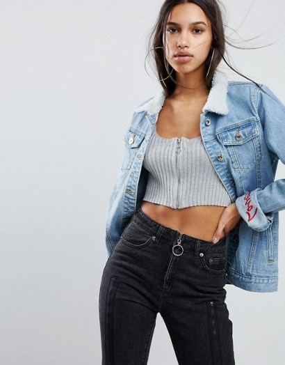 Liquor N Poker Girlfriend Fit Jacket with Embroidered Hem Detail in Vintage Midwash | Borg collar denim jackets - flipped