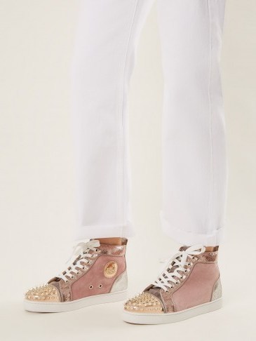 CHRISTIAN LOUBOUTIN Lou stud-embellished pink suede high-top trainers ~ sports luxe sneakers ~ rose-gold metallic - flipped