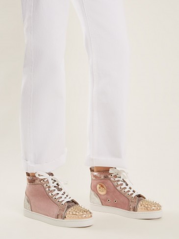 CHRISTIAN LOUBOUTIN Lou stud-embellished pink suede high-top trainers ~ sports luxe sneakers ~ rose-gold metallic