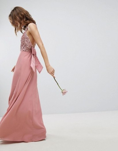 Maya Sleeveless Sequin Bodice Maxi Dress With Cutout And Bow Back Detail in Vintage Rose | long pink embellished occasion dresses - flipped