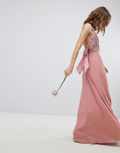 Maya Sleeveless Sequin Bodice Maxi Dress With Cutout And Bow Back Detail in Vintage Rose | long pink embellished occasion dresses