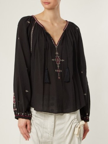 ISABEL MARANT ÉTOILE Melina black embroidered tassel-front cotton blouse ~ boho style blouses - flipped
