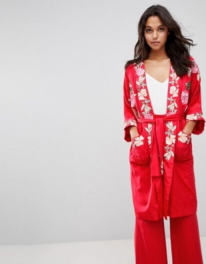 Millie Mackintosh Rose Embroidery Kimono Coat ~ red embroidered kimonos ~ lightweight tie waist coats - flipped
