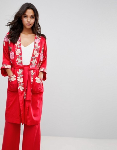 Millie Mackintosh Rose Embroidery Kimono Coat ~ red embroidered kimonos ~ lightweight tie waist coats