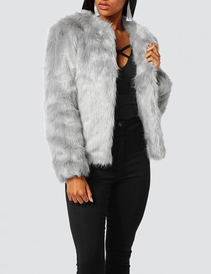 MISSGUIDED Collarless grey faux-fur jacket | glamorous fluffy jackets - flipped