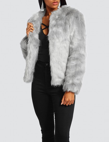 MISSGUIDED Collarless grey faux-fur jacket | glamorous fluffy jackets