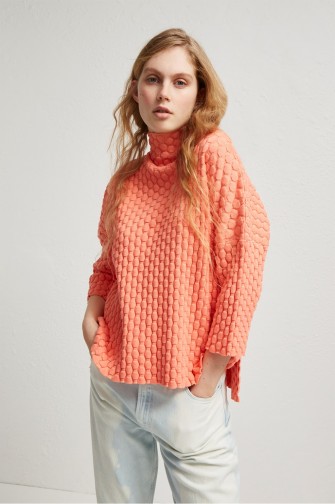 French Connection MONA MOZART KNIT OVERSIZED JUMPER CORAL SANDS – orange high neck textured jumpers