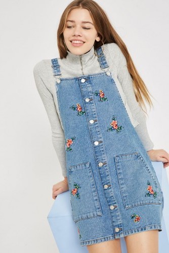 Topshop MOTO Embroidered Denim Pinafore Dress | floral pinafores - flipped