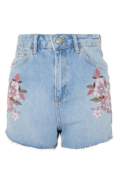 Topshop MOTO Embroidered Floral Mom Shorts | flower embroidered denim