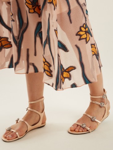 JIMMY CHOO Naia crystal-embellished rose-gold leather sandals ~ strappy metallic flats ~ luxe flat summer shoes