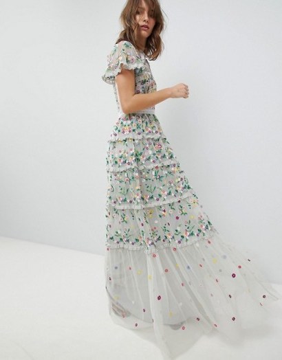 Needle & Thread Embroidered Floral Gown with High Neck and Tiered Skirt / tiered occasion dresses / flower embroidery - flipped