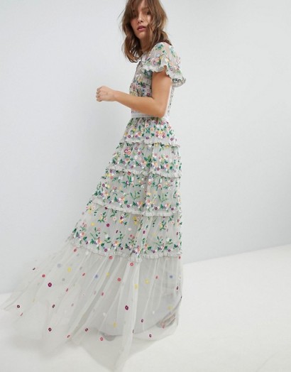 Needle & Thread Embroidered Floral Gown with High Neck and Tiered Skirt / tiered occasion dresses / flower embroidery