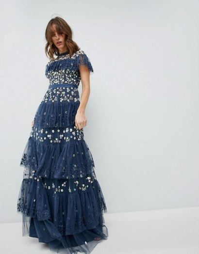 Needle & Thread Tiered Anglais Gown with Contrast Embroidery / blue flower embroidered gowns - flipped