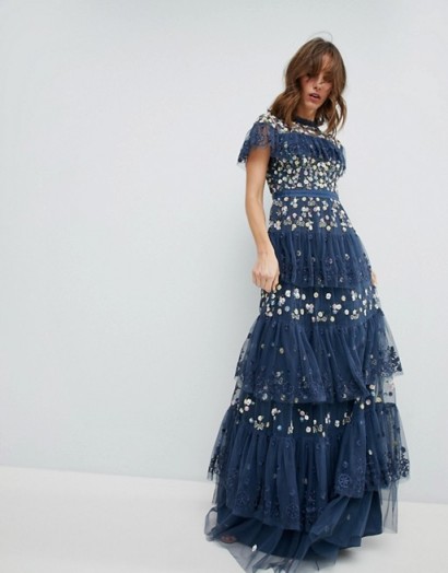 Needle & Thread Tiered Anglais Gown with Contrast Embroidery / blue flower embroidered gowns