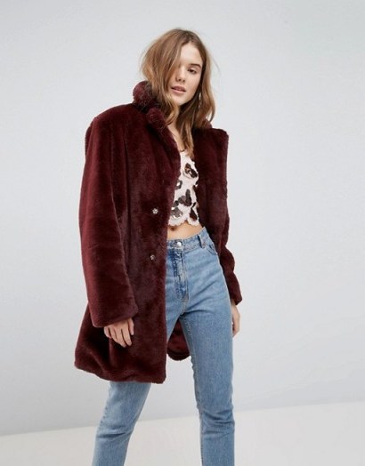 New Look Faux Fur Midi Coat | burgundy vintage style winter coats - flipped