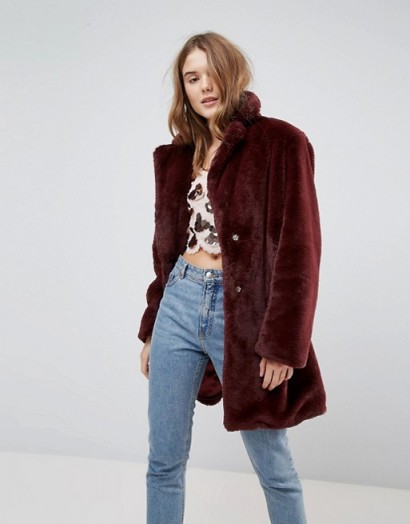 New Look Faux Fur Midi Coat | burgundy vintage style winter coats