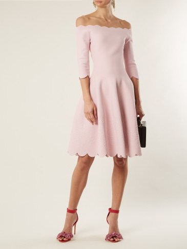 ALEXANDER MCQUEEN rose-pink off-the-shoulder matelassé fit and flare dress ~ luxe bardot dresses ~ feminine style - flipped
