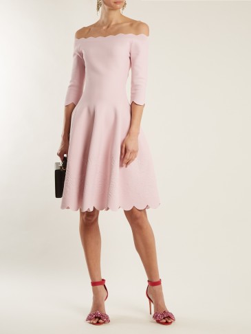ALEXANDER MCQUEEN rose-pink off-the-shoulder matelassé fit and flare dress ~ luxe bardot dresses ~ feminine style