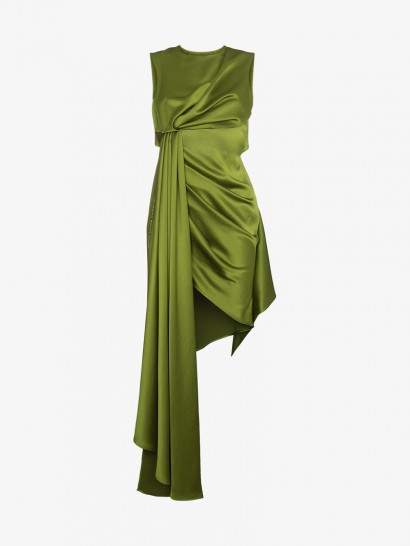 Off-White Sleeveless Green Dress With Open Back And Draping