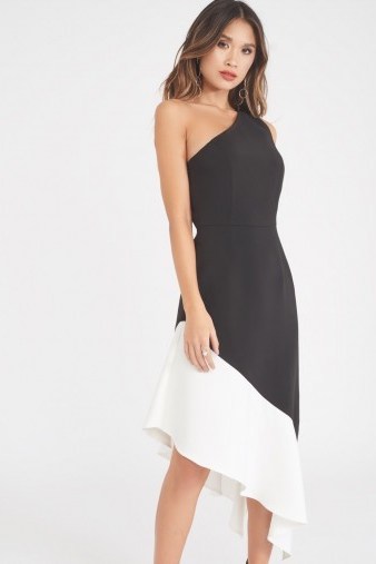 LAVISH ALICE One Shoulder Monochrome Dress | black and white asymmetric hem party dresses - flipped