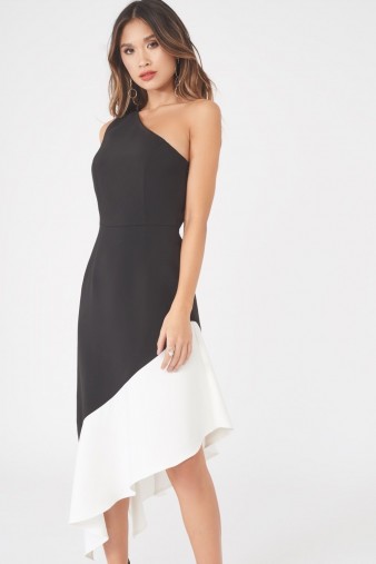 LAVISH ALICE One Shoulder Monochrome Dress | black and white asymmetric hem party dresses