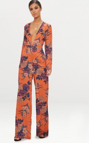 PRETTYLITTLETHING ORANGE FLORAL PRINT LONG SLEEVE PLUNGE JUMPSUIT | plunging neckline jumpsuits | going out fashion - flipped