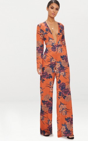 PRETTYLITTLETHING ORANGE FLORAL PRINT LONG SLEEVE PLUNGE JUMPSUIT | plunging neckline jumpsuits | going out fashion