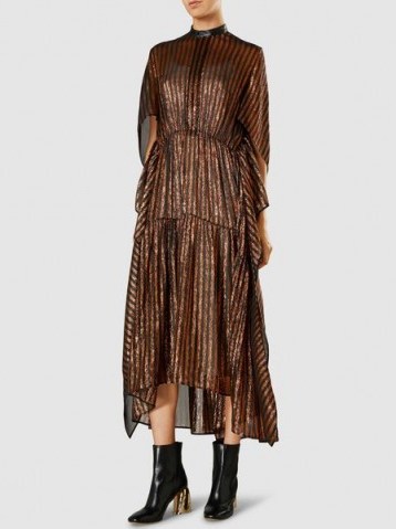 ‎PETAR PETROV‎ Damaris Leather-Trimmed Bronze Silk Lamé Midi Dress | metallic dresses - flipped