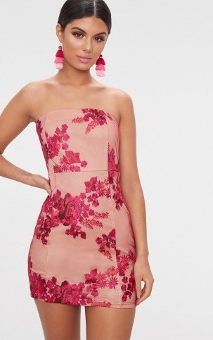 PRETTYLITTLETHING PINK BANDEAU EMBROIDERED LACE BODYCON DRESS | strapless party dresses - flipped