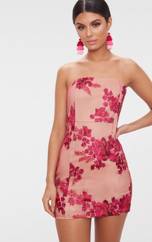 PRETTYLITTLETHING PINK BANDEAU EMBROIDERED LACE BODYCON DRESS | strapless party dresses