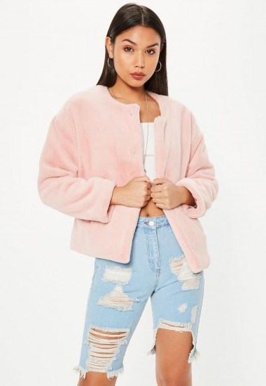 MISSGUIDED pink faux fur teddy cropped jacket – fluffy collarless jackets - flipped