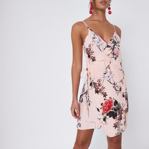 River Island Pink floral print wrap cami mini dress – strappy slip dresses - flipped