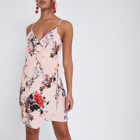 River Island Pink floral print wrap cami mini dress – strappy slip dresses