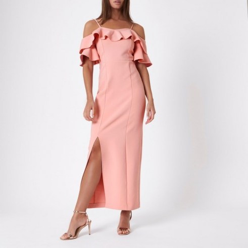 River Island Pink frill bardot maxi bodycon dress ~ long strappy party dresses - flipped