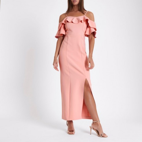 River Island Pink frill bardot maxi bodycon dress ~ long strappy party dresses