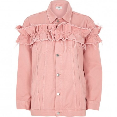 River Island Pink frill oversized denim jacket ~ ruffled jackets - flipped