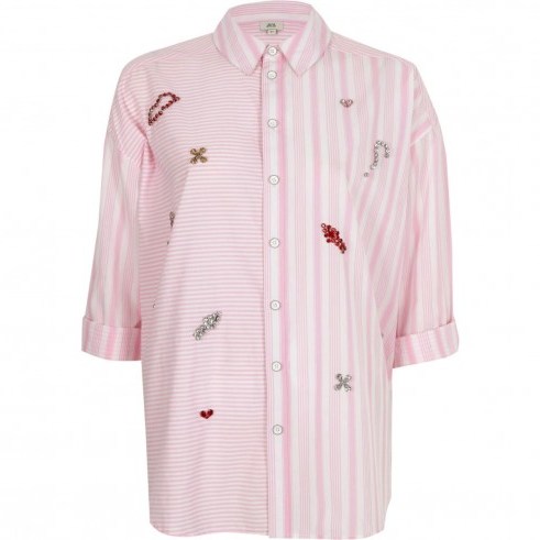 River Island Pink mixed stripe jewel embellished shirt ~ jewelled shirts - flipped