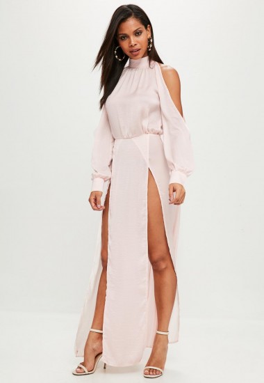 Missguided pink split front sleeve maxi dress – long length high neck party dresses – glamorous going out fashion