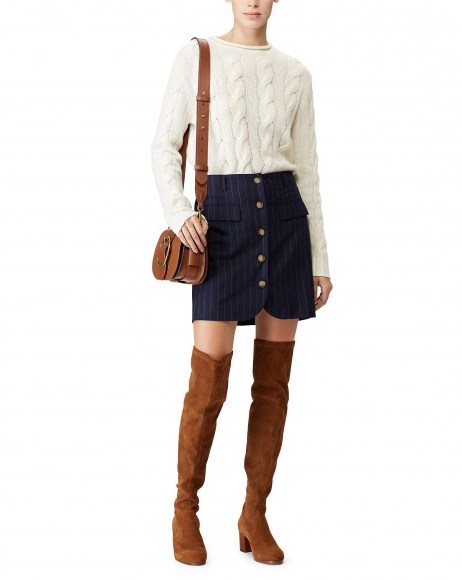 Polo Ralph Lauren Pinstriped Merino Wool Skirt / navy blue button-front skirts - flipped