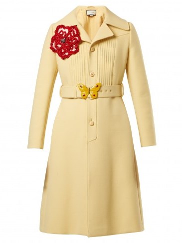 GUCCI Pintucked butterfly-embellished belt coat ~ pale-yellow belted coats - flipped