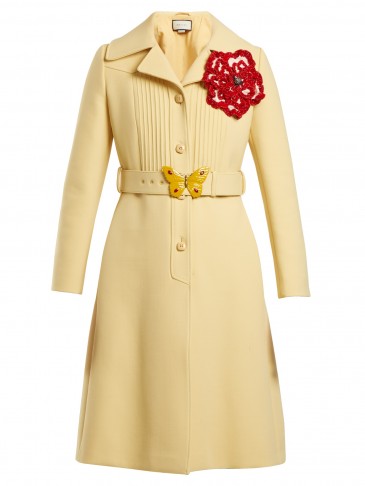 GUCCI Pintucked butterfly-embellished belt coat ~ pale-yellow belted coats